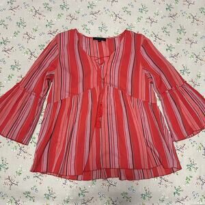 Sanctuary Flare Blouse Cotton Stripe Tassel Small Red Pink Boho Vacation Sheer